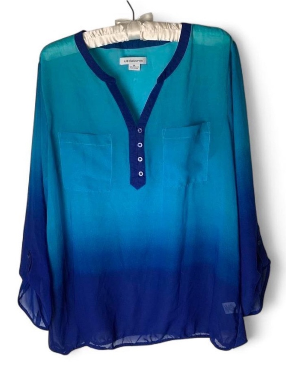 Liz Claiborne Ombre Blue Chiffon Split Neck Blouse XL